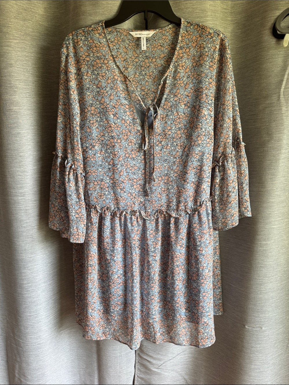 BCBGeneration Blue and Peach Floral Ruffle-Sleeve Mini Dress